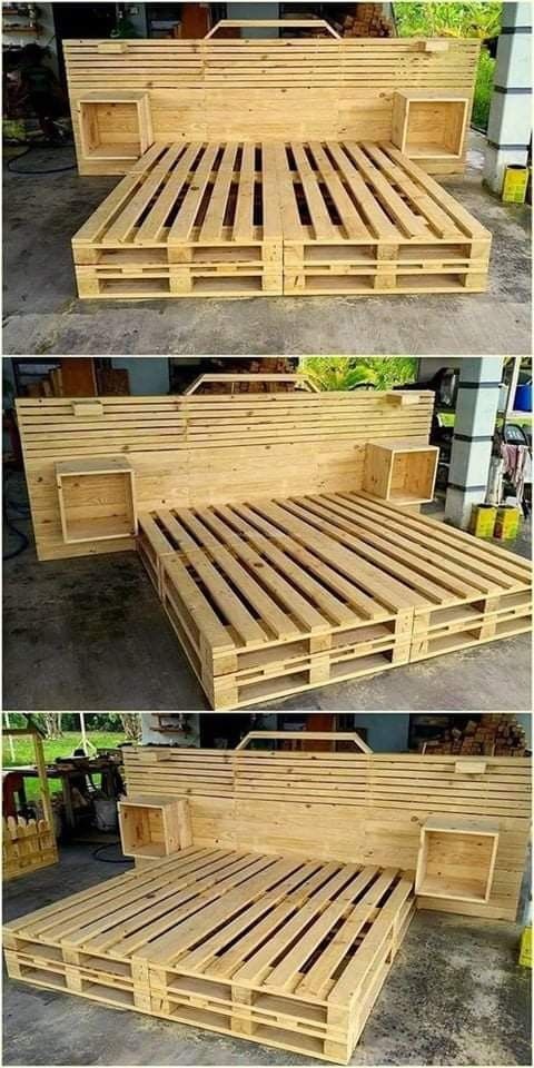 three pictures of the same bed made out of pallets and wooden slatts