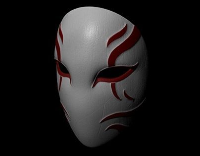 a white mask with red lines painted on the face and eyes, against a black background