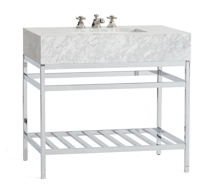 a white marble sink and shelf with two faucets on each side, against a white background