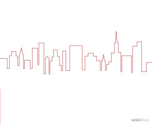 a red line drawing of a city skyline