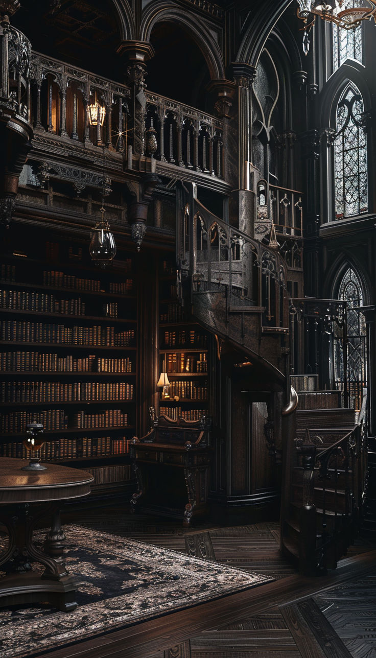 an old library with bookshelves, chandelier and table in the middle