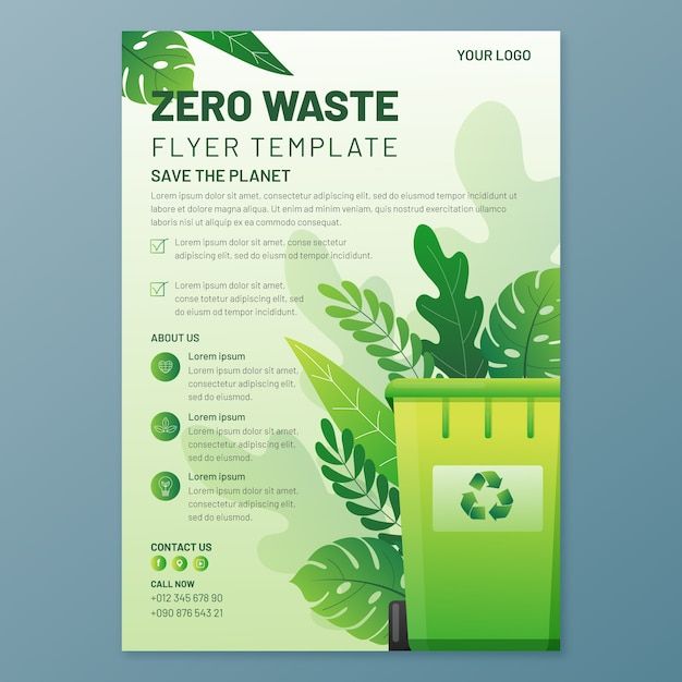 a green poster with leaves and recyclables on the bottom, says zero waste flyer template