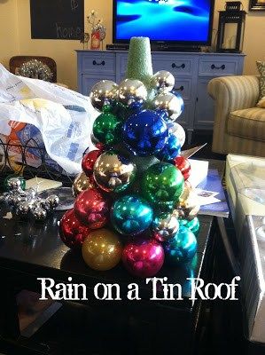 a christmas tree made out of shiny balls in front of a flat screen tv with the words rain on a tin roof above it