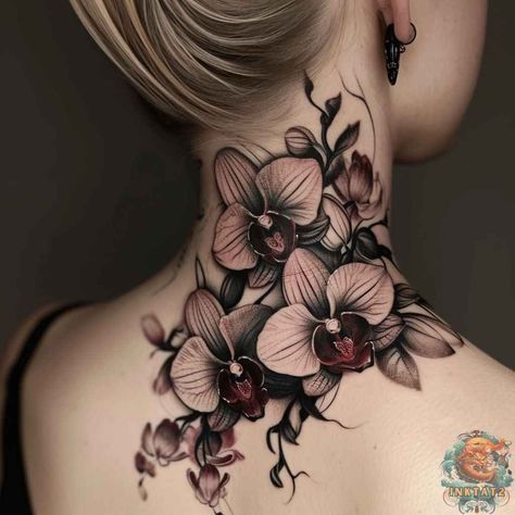 #tattoos #coupletattoos #tattoosideas #fullbodytattoos #tattoosfashions #CoolTattoos #TattooArt #InkMaster #TattooLovers #InkInspiration  #CreativeInk #TattooStyle Orchid Sleeve Tattoos For Women, Orchid Neck Tattoo, Lotus Throat Tattoo, Orchid Tattoo Color, Cover Up Neck Tattoos For Women, Fine Tattoos For Women, Neck Flower Tattoo, Orchid Tattoo Design, Purple Orchid Tattoo