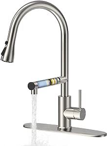 a kitchen faucet with water running from it's side spout, on a white background