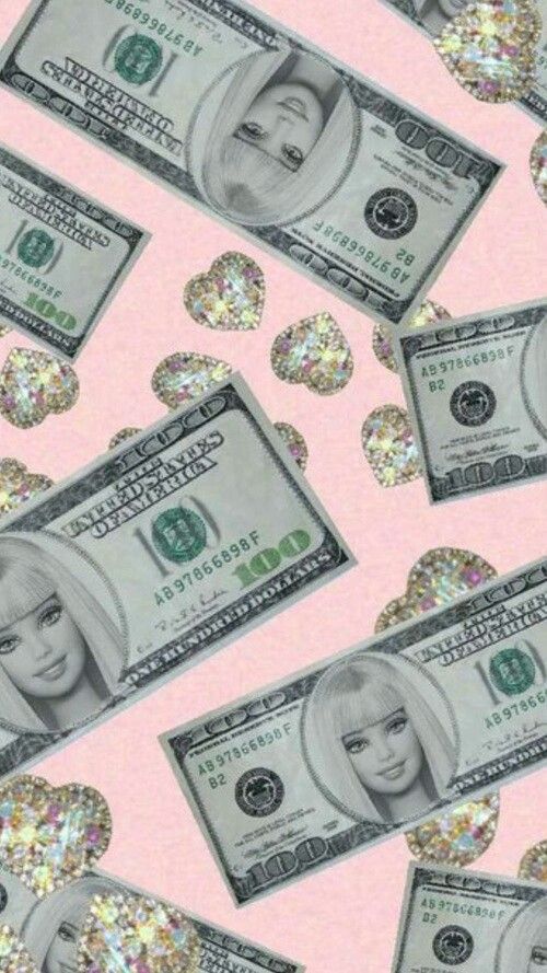 many dollar bills with glitter hearts on pink background, all over the place in front of them