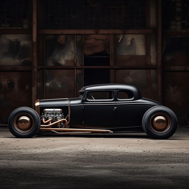 an old black car parked in front of a building with rusted metal walls and windows