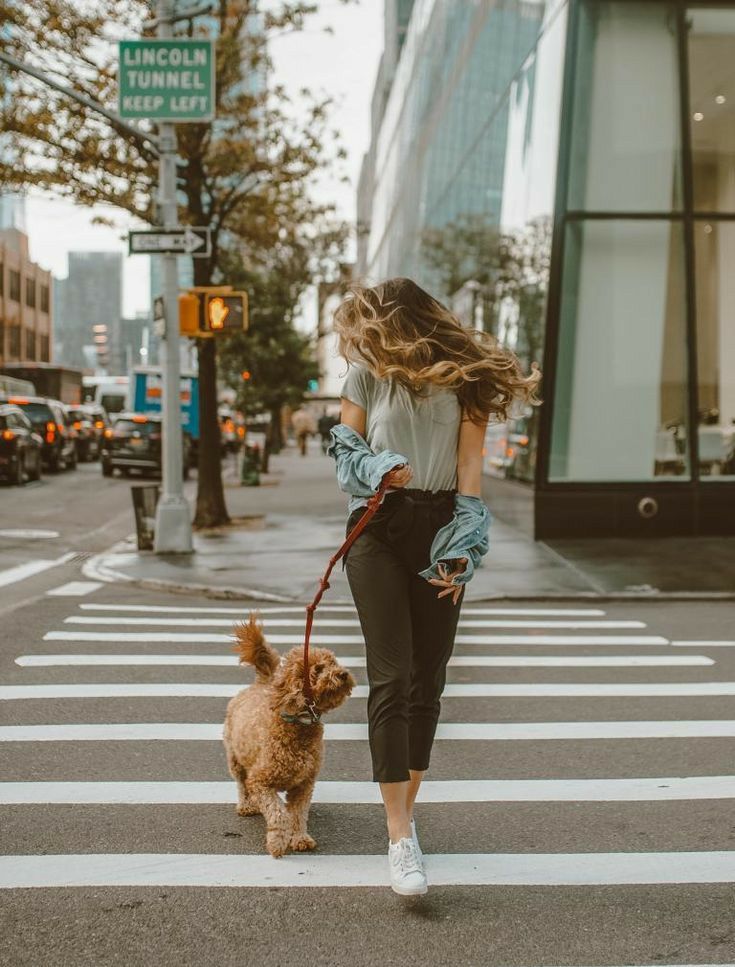 a woman is walking her dog across the street