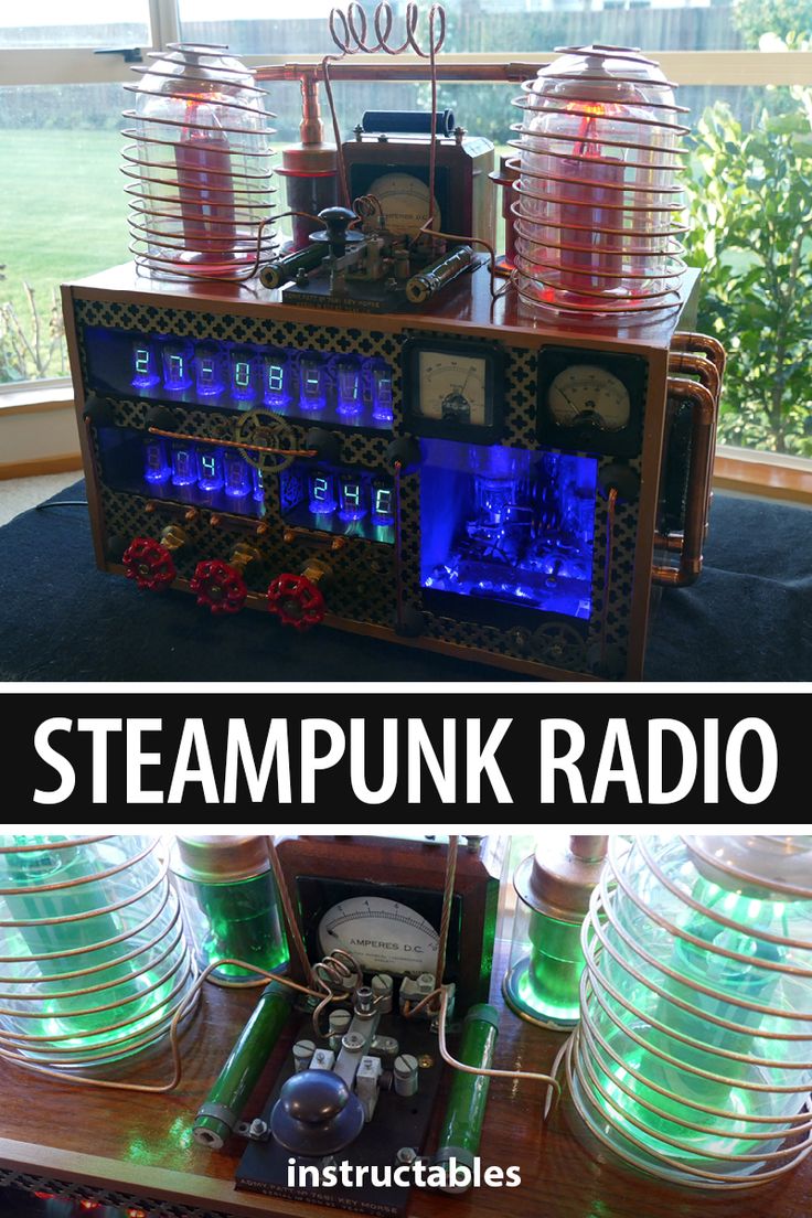 the steampunk radio is on display with plates and cups