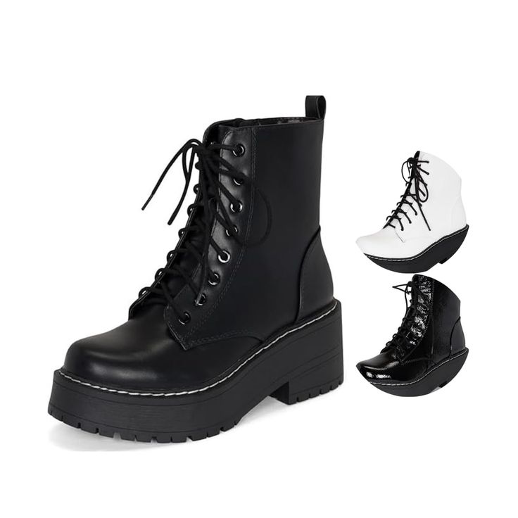 PRICES MAY VARY. 🌟 Step into bold style with these Chunky Lug Sole Combat Lace-Up Boots! 🌈 Designed for the modern woman who values both fashion and comfort. 💪 The 2.5" heel and 1.25" platform provide the perfect lift for all-day wear. 🎉 Lace-up front offers a classic yet edgy look that you can personalize for a perfect fit. 🌟 Side zipper adds both convenience and a fashionable accent. 👢 Versatile and chic, these ankle boots are a must-have for making a bold statement with every step. Step Black Ankle Chunky Boots, Lace Up Heel Ankle Boots, Black Lace Up Platform Boots, Chunk Heel Ankle Boots, Womens Chunky Ankle Boots, Black Ankle Boots Amazon, Ankle Boots Front Zipper, Womens Platform Combat Boots, Lace Up Heeled Ankle Boots