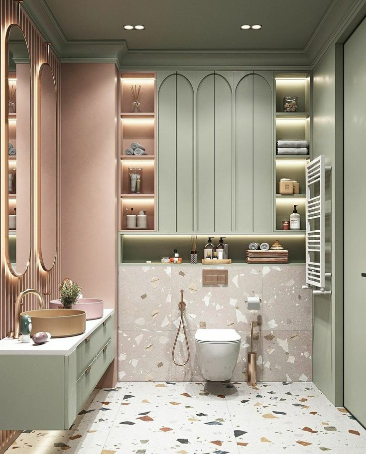 the bathroom is decorated in pastel colors and features a toilet, sink, and shelving unit