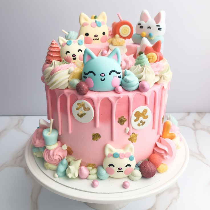 there is a pink cake decorated with animals