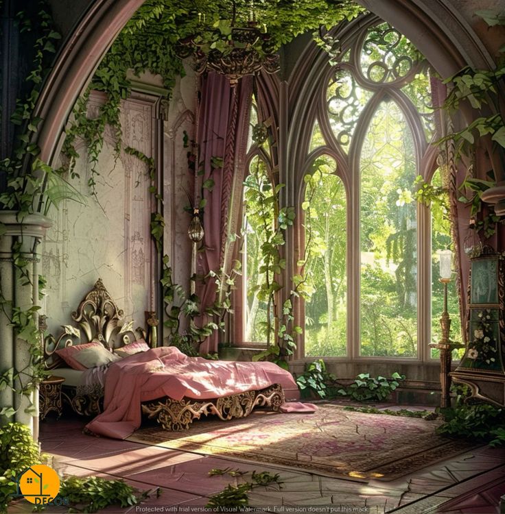 an image of a bedroom setting with ivy growing on the walls and windows above it