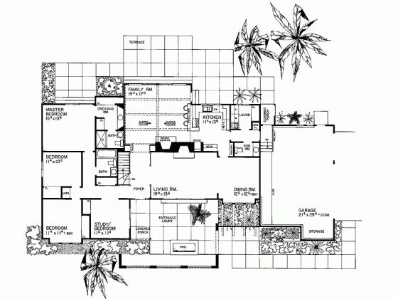 an architectural drawing of a house with palm trees