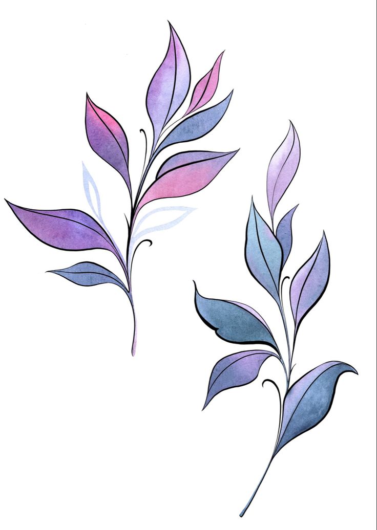 two purple and blue leaves are shown on a white background, one is painted with watercolor