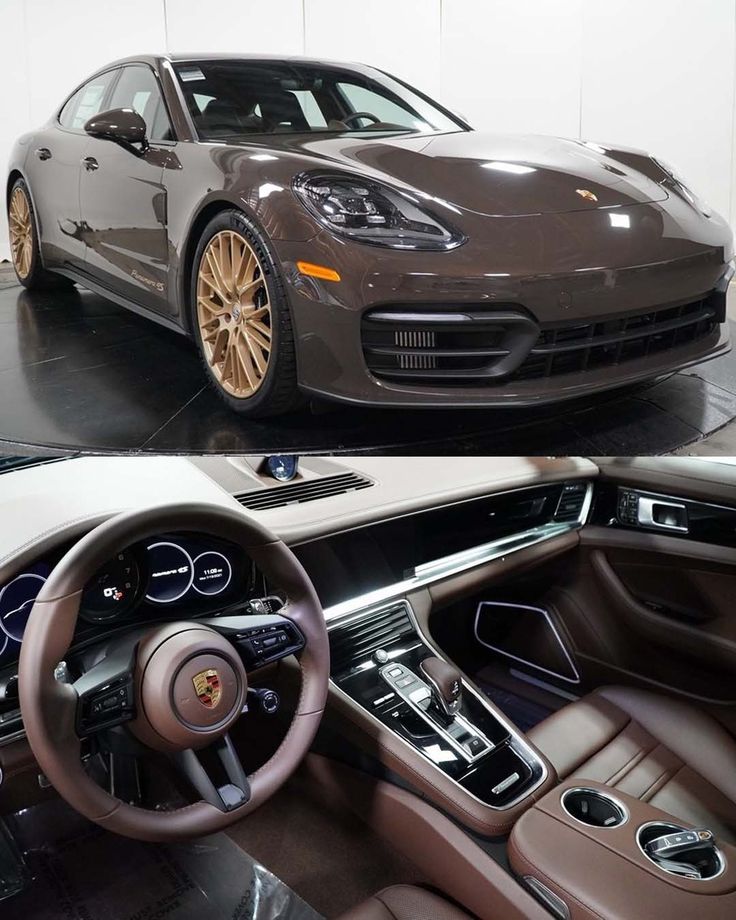 two pictures of the inside and outside of a car, one with gold rims