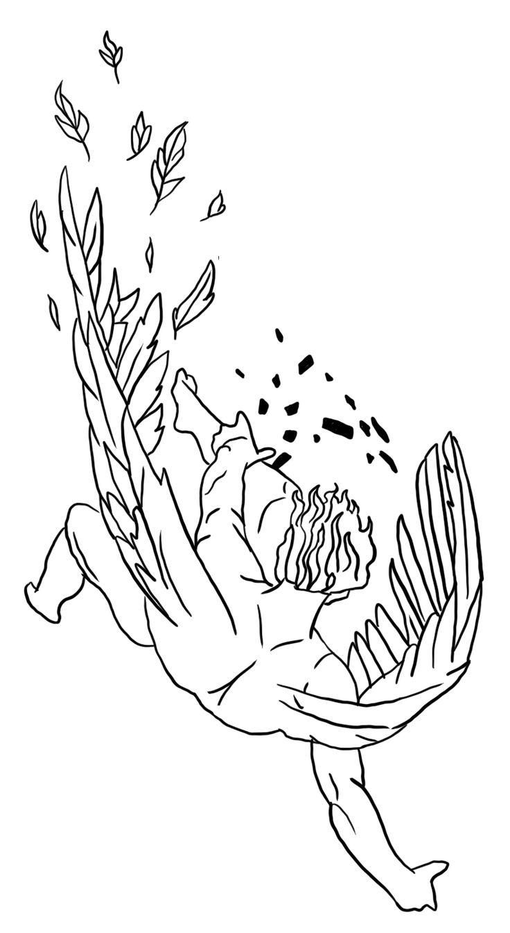 a black and white drawing of a person diving in the water with leaves coming out of it