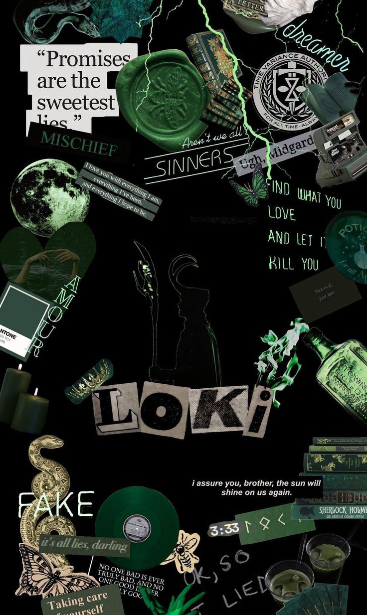 a collage of green and black items with the words look on them in different languages