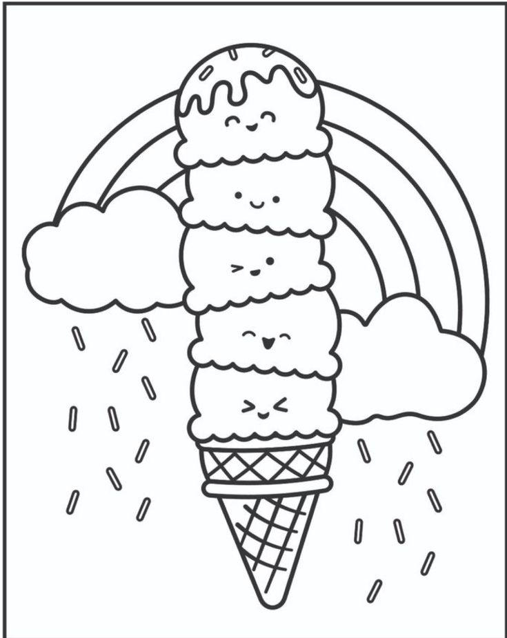 an ice cream cone with rainbows and clouds in the background, coloring pages for kids