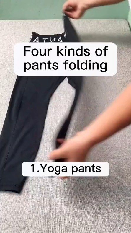 a person is doing yoga pants on the floor with their feet in the air and text that reads, four kinds of pants folding