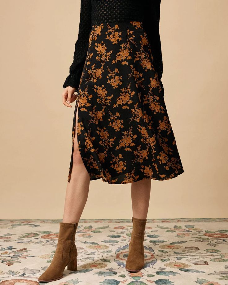 Free shipping on orders over $69. Shop The Floral Slit High Waisted A-line Skirt - black - xs,s,m,l,xl at RIHOAS. Tailored Clothes, Perfect Figure, Vintage Floral Pattern, Skirt Floral, Beige Dresses, Long Sleeve Short Dress, Fall Skirts, Knit Sweater Dress, Floral Vintage