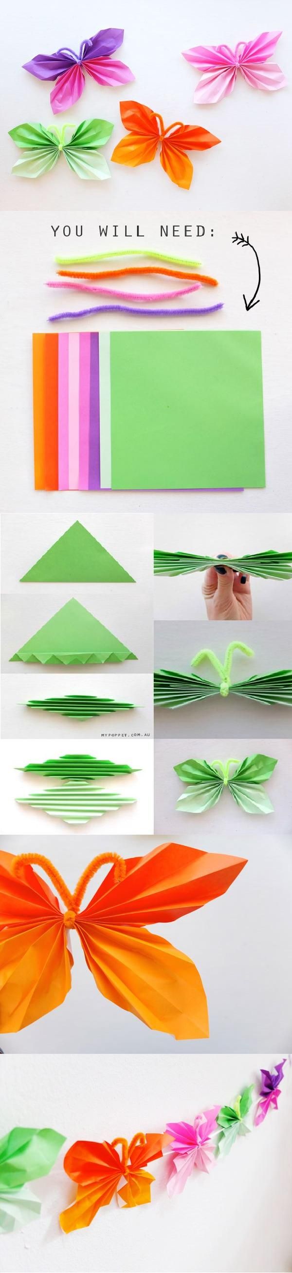 the instructions for how to make an origami butterfly with colored paper and scissors