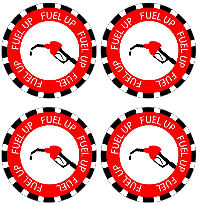 four red and black stickers with the words help fuel up, fuel gas pump