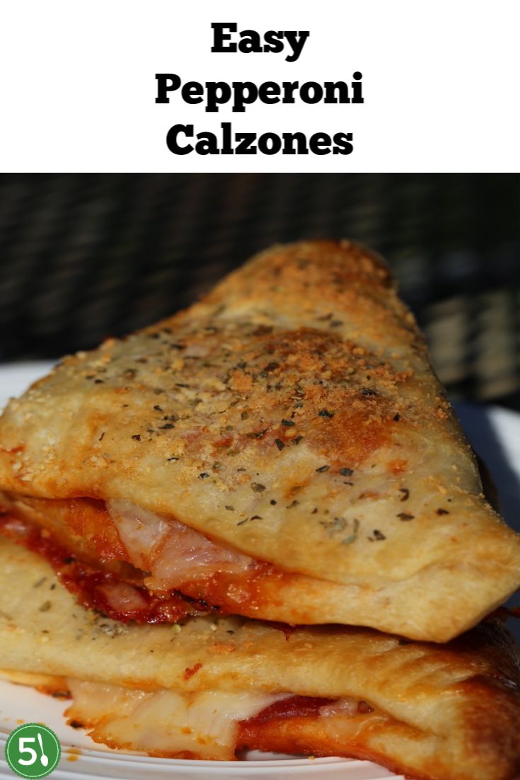 two pieces of pizza on a plate with the words easy pepperoni calzones