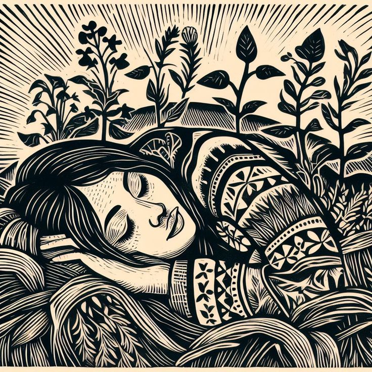 a black and white drawing of a woman laying in the grass with her eyes closed