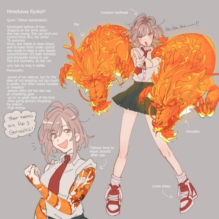 an anime character with orange hair and red shoes, holding a fireball in her hand