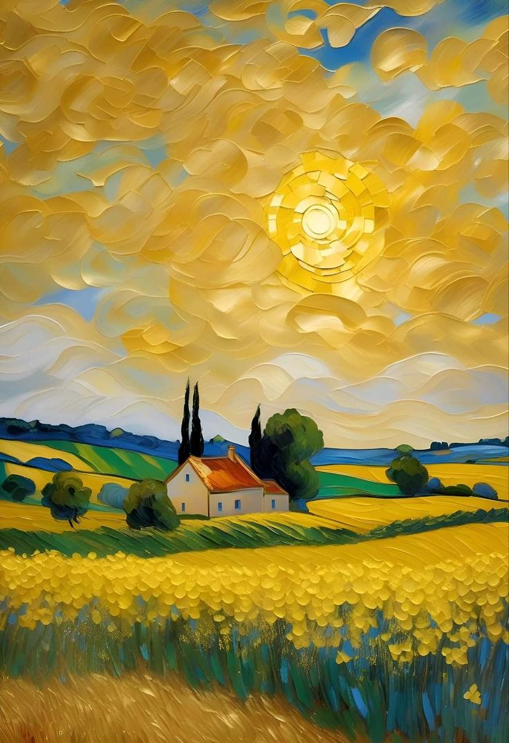 a painting of a yellow field with trees and clouds