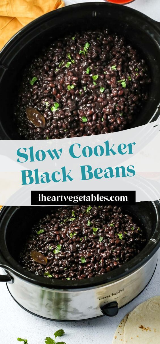 slow cooker black beans in a crock pot with text overlay that says slow cooker black beans