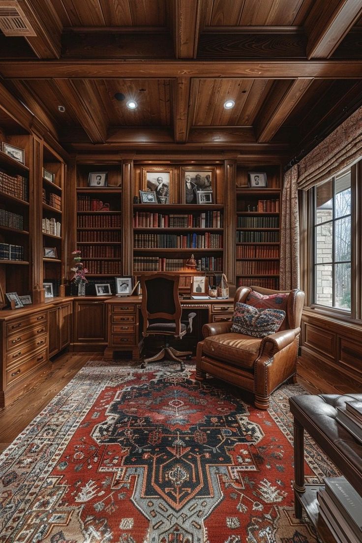 an old fashioned home office with wood paneling and leather chair in front of a large rug