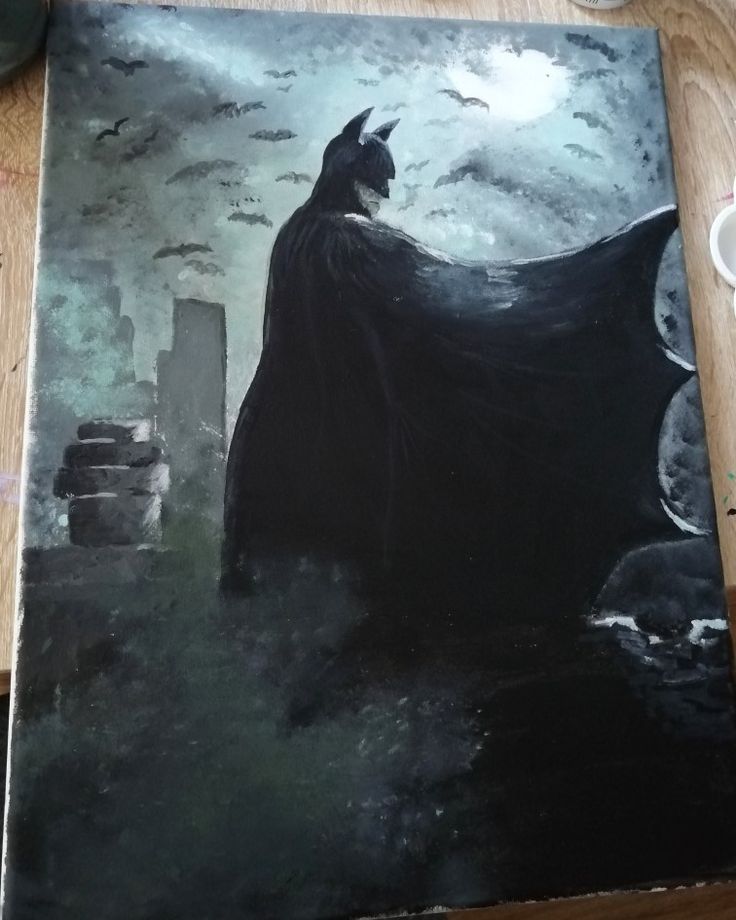 a painting of a batman standing in front of a cemetery