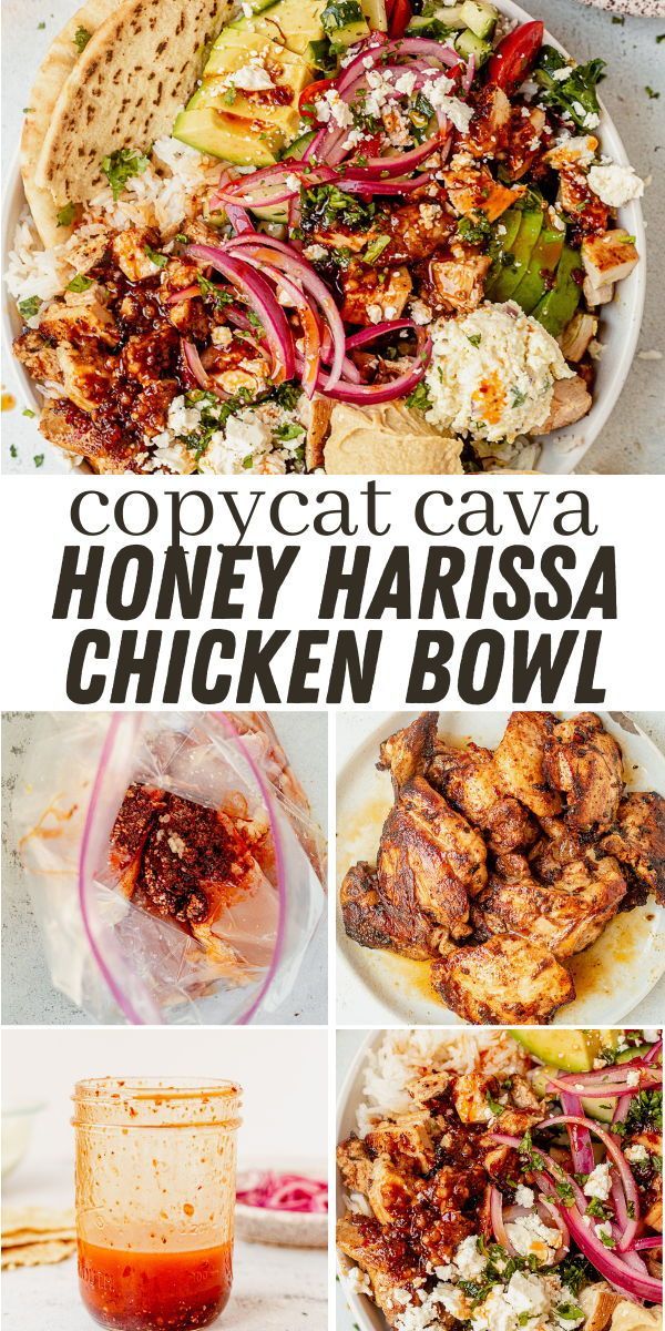 chicken bowl with honey harssa and red onion garnish