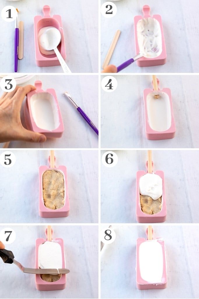 the steps to make an ice cream sundae with popsicles and marshmallows