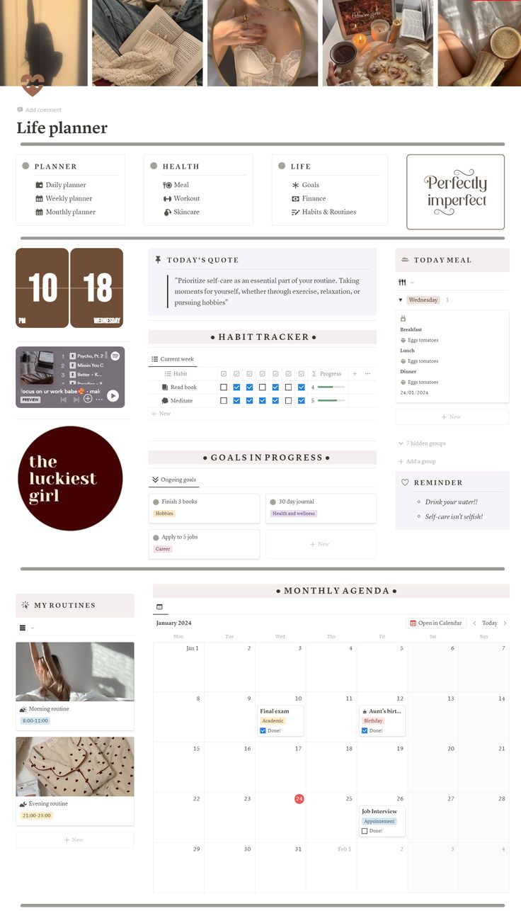 Ultimate life planner | All-in-one notion template - Stella's Ko-fi Shop Notion Career Template, Coquette Template, Notion School, Habits Aesthetic, Notion Weekly, Notion Tracker, Skincare Tracker, Body Progress, Study Planner Free