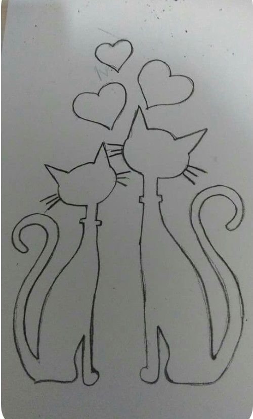 a drawing of two cats with hearts on their heads