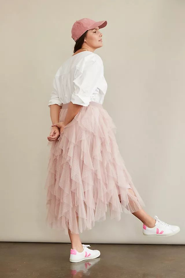 By Anthropologie Ruffled Tulle Midi Skirt | Anthropologie Valentine Outfits For Women, Classic Red Dress, Tulle Skirts Outfit, Pastel Skirt, White Sneakers Outfit, Pink Midi Skirt, Tulle Midi Skirt, Valentines Outfits, Ballet Dancer