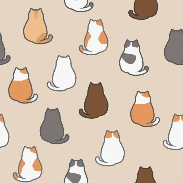 many cats are sitting together on a beige background with black, orange and white ones