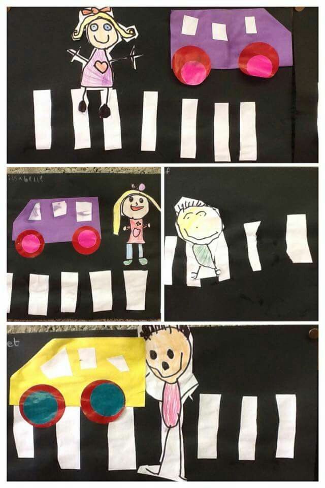 four different pictures of children's drawings on the side of a street with cars and people