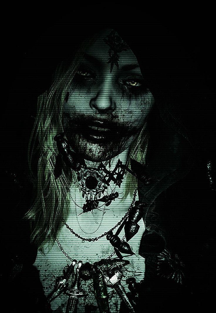 a creepy looking woman in the dark with chains around her neck and necklaces on