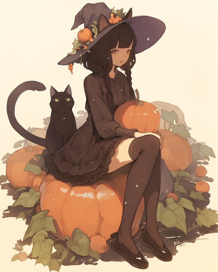 a woman sitting on top of a pile of pumpkins next to a black cat