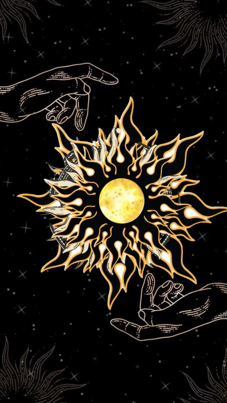 the sun is surrounded by hands and stars in the night sky, as if they are holding