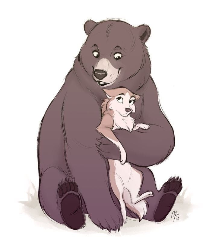 a drawing of a bear holding a baby