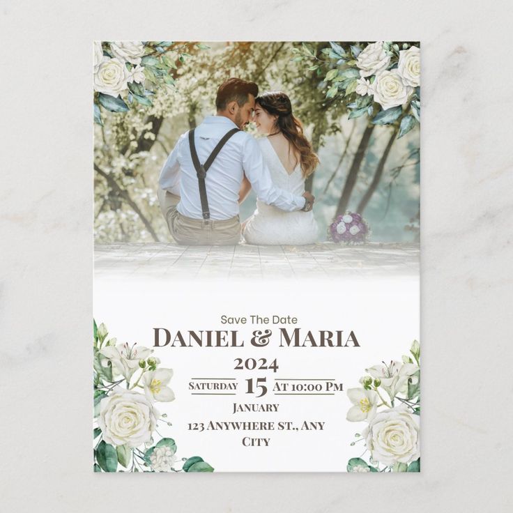 wedding save the date card with white roses