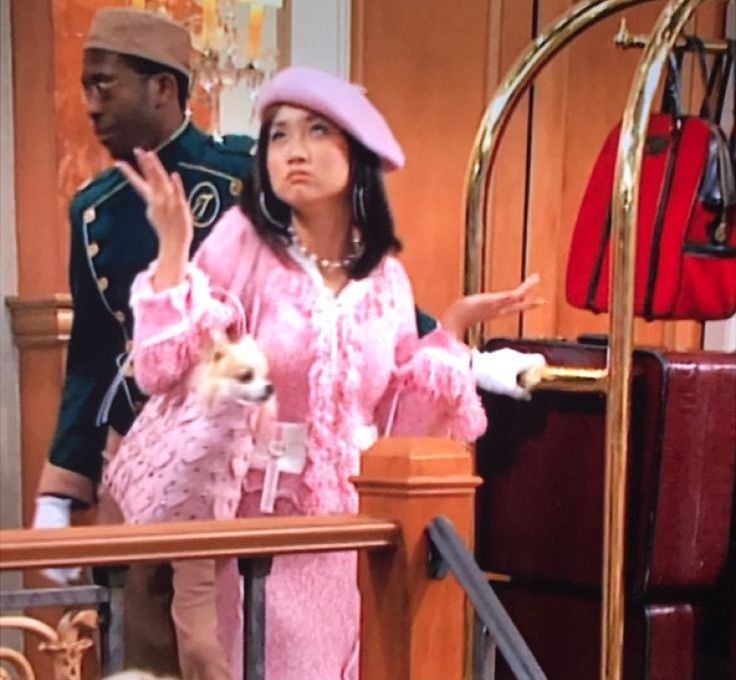 a woman in pink dress and hat standing next to a man in uniform on tv