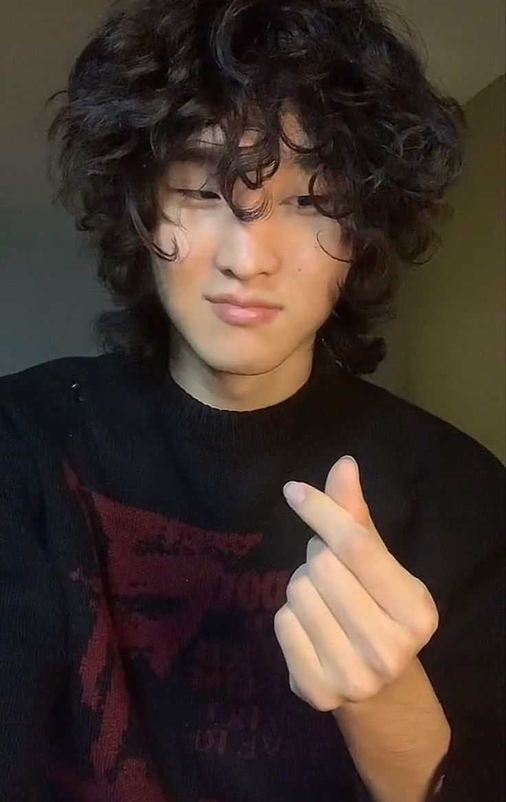 Curly Haired Asian Boy, Cute Blasian Guys, Wolfcut Men, Blasian Men, Axolotl Oc, Sean Kwak, Curly Asian Hair, Long Curly Hair Men, Dark Curly Hair