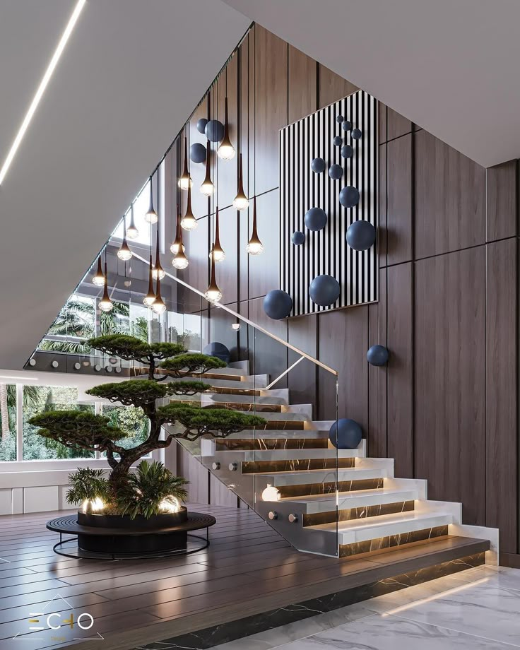 a bonsai tree in a pot on top of a wooden floor next to stairs