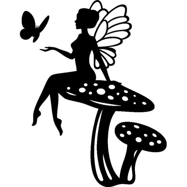 a black and white silhouette of a fairy sitting on a mushroom with a butterfly flying over it